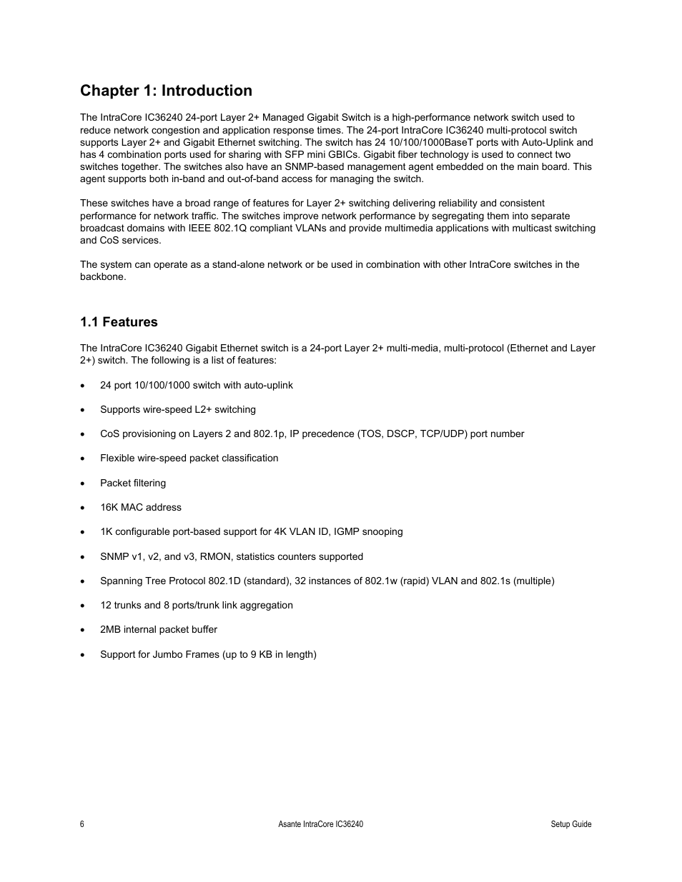 Chapter 1: introduction, 1 features | Asante Technologies IC36240 Series User Manual | Page 6 / 42
