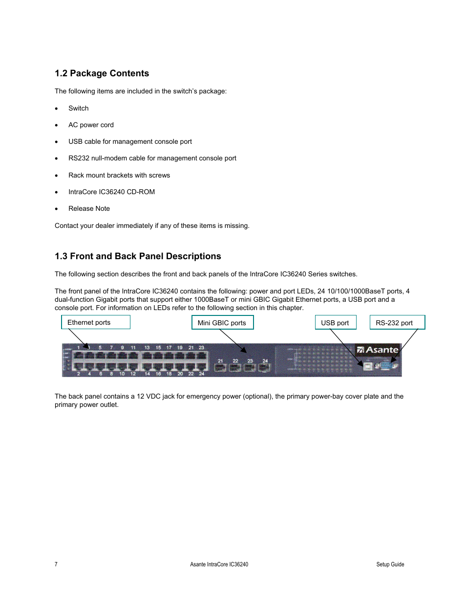 2 package contents, 3 front and back panel descriptions | Asante Technologies IC36240 Series User Manual | Page 7 / 42