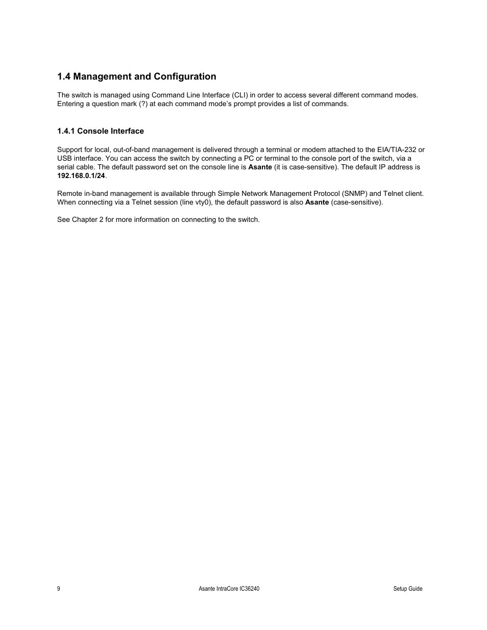 4 management and configuration, 1 console interface | Asante Technologies IC36240 Series User Manual | Page 9 / 42
