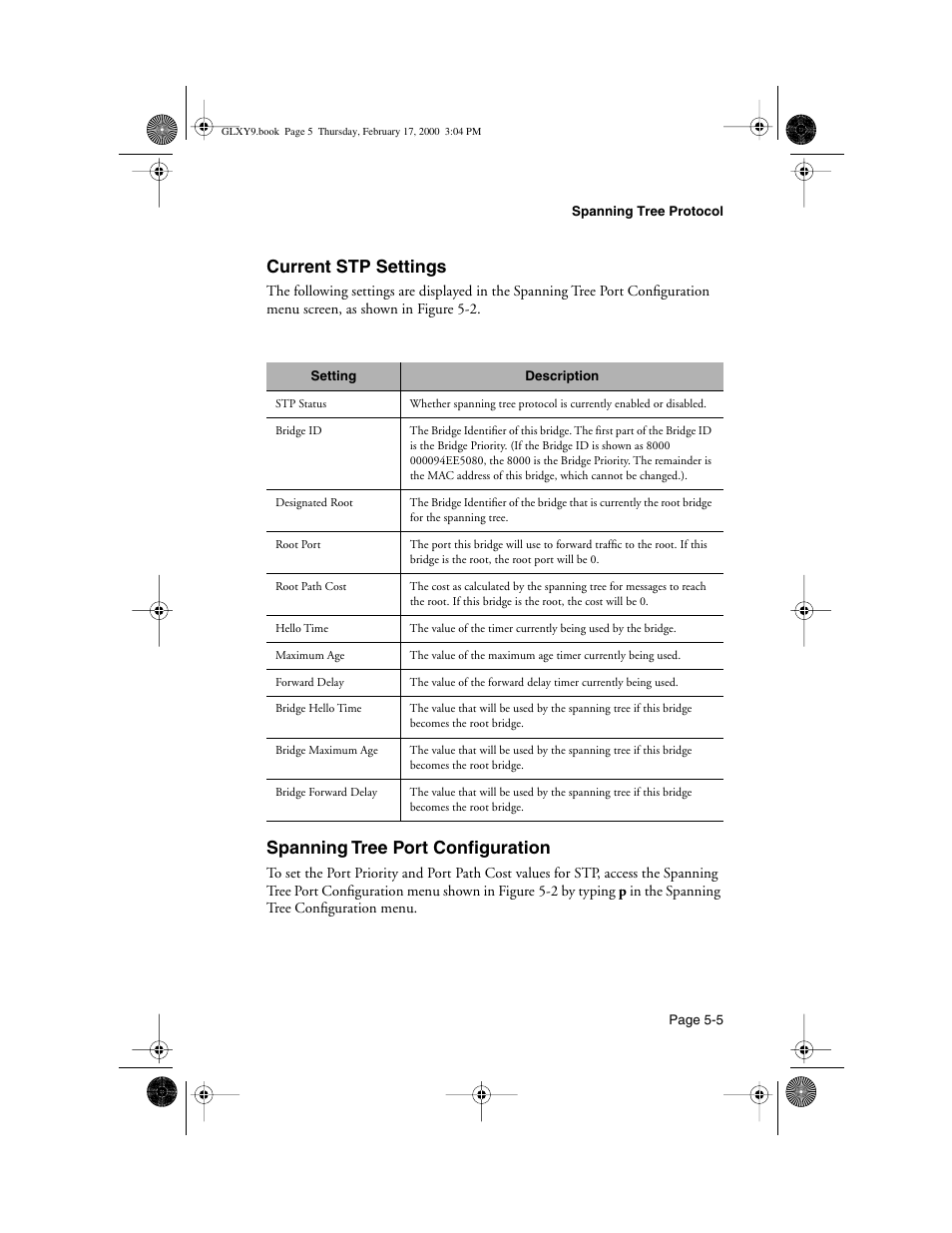 Current stp settings, Spanning tree port configuration | Asante Technologies Intrachassis 9000 User Manual | Page 103 / 142
