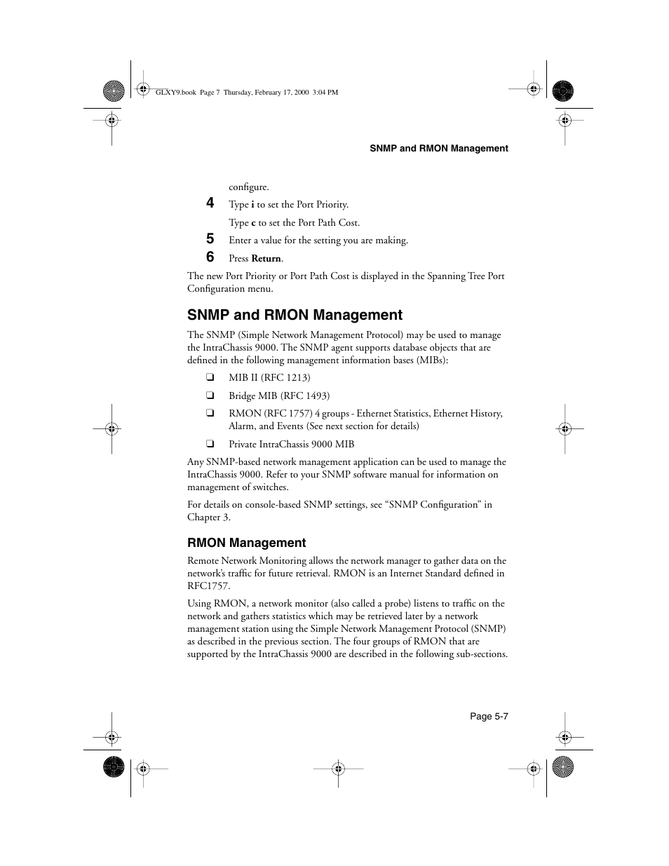 Snmp and rmon management, Rmon management, Snmp and rmon management -7 | Rmon management -7, Ee “snmp and rmon management” in chapter 5 | Asante Technologies Intrachassis 9000 User Manual | Page 105 / 142