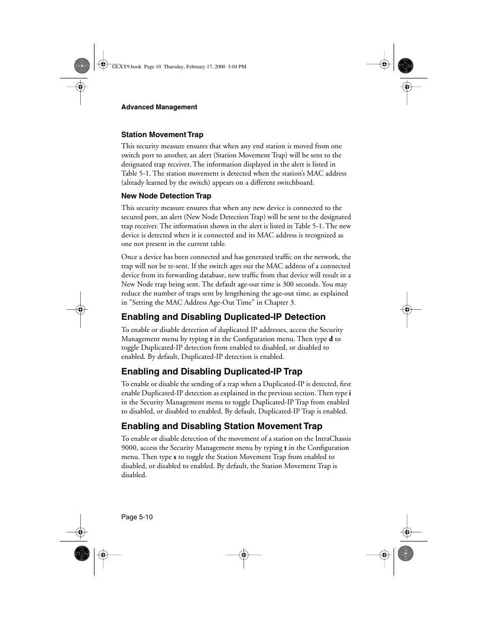 Enabling and disabling duplicated-ip detection, Enabling and disabling duplicated-ip trap, Enabling and disabling station movement trap | Asante Technologies Intrachassis 9000 User Manual | Page 108 / 142