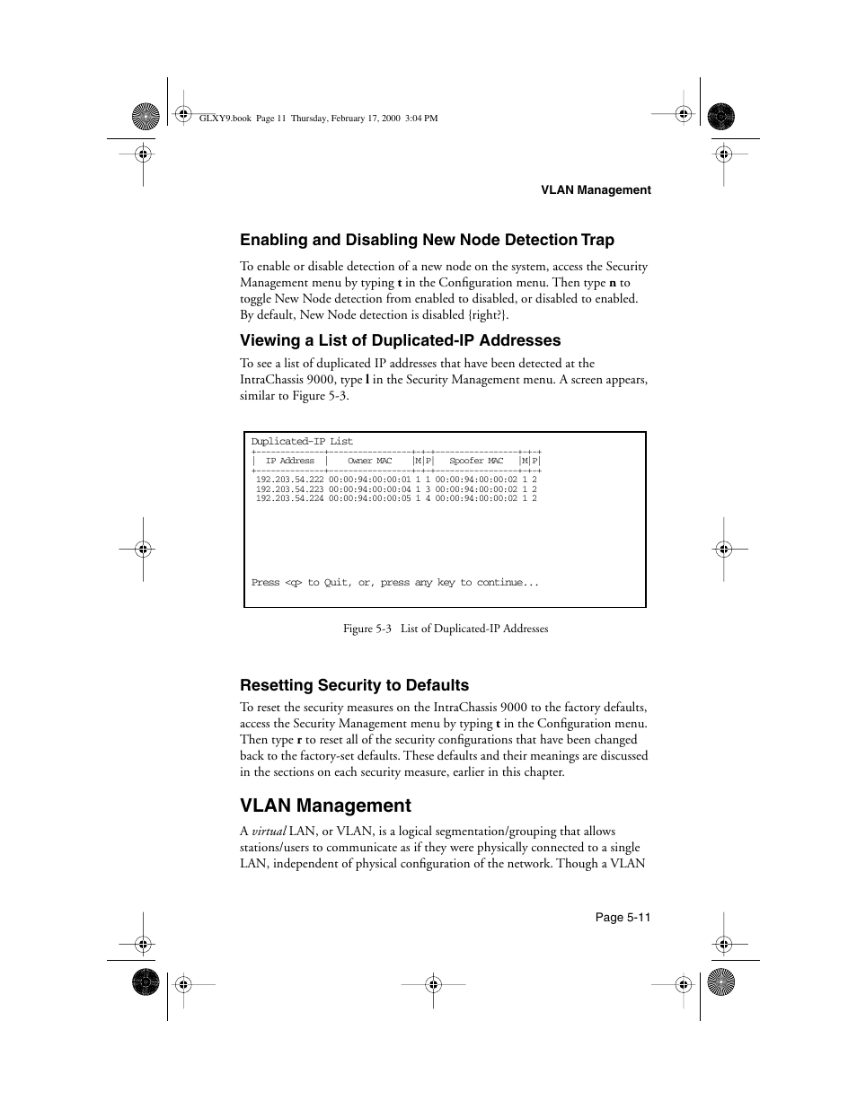 Viewing a list of duplicated-ip addresses, Resetting security to defaults, Vlan management | Asante Technologies Intrachassis 9000 User Manual | Page 109 / 142
