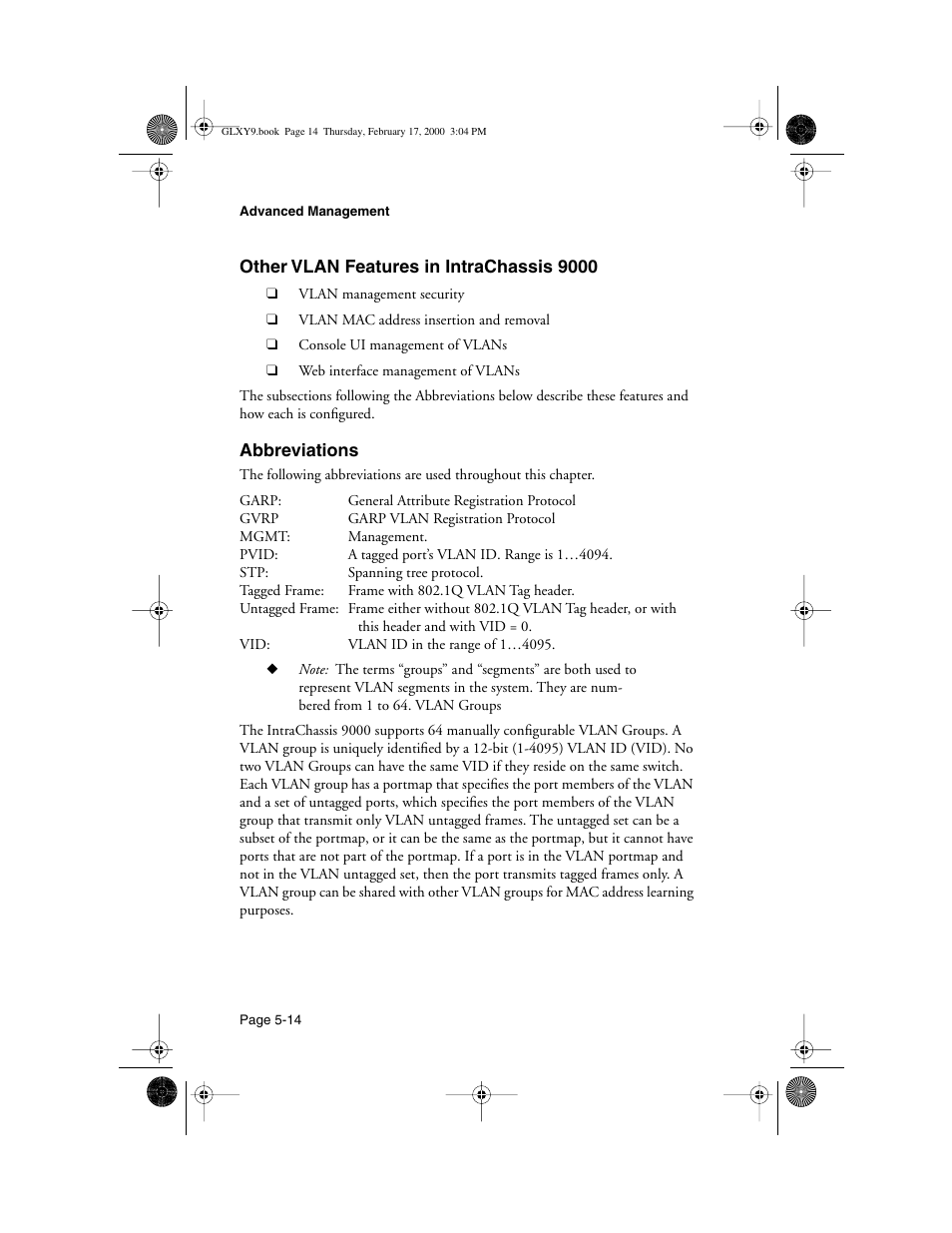 Other vlan features in intrachassis 9000, Abbreviations | Asante Technologies Intrachassis 9000 User Manual | Page 112 / 142