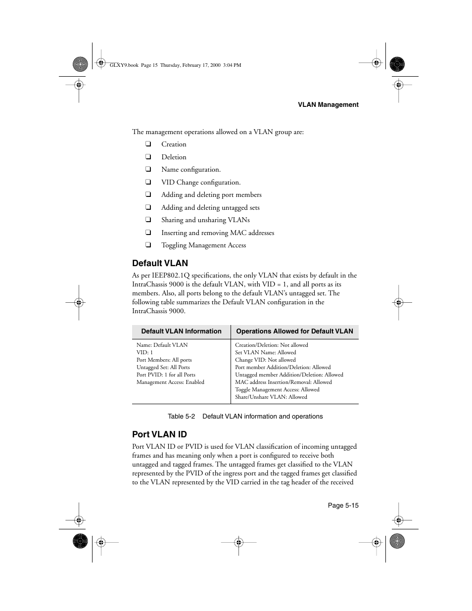 Default vlan, Port vlan id, Default vlan -15 port vlan id -15 | Asante Technologies Intrachassis 9000 User Manual | Page 113 / 142