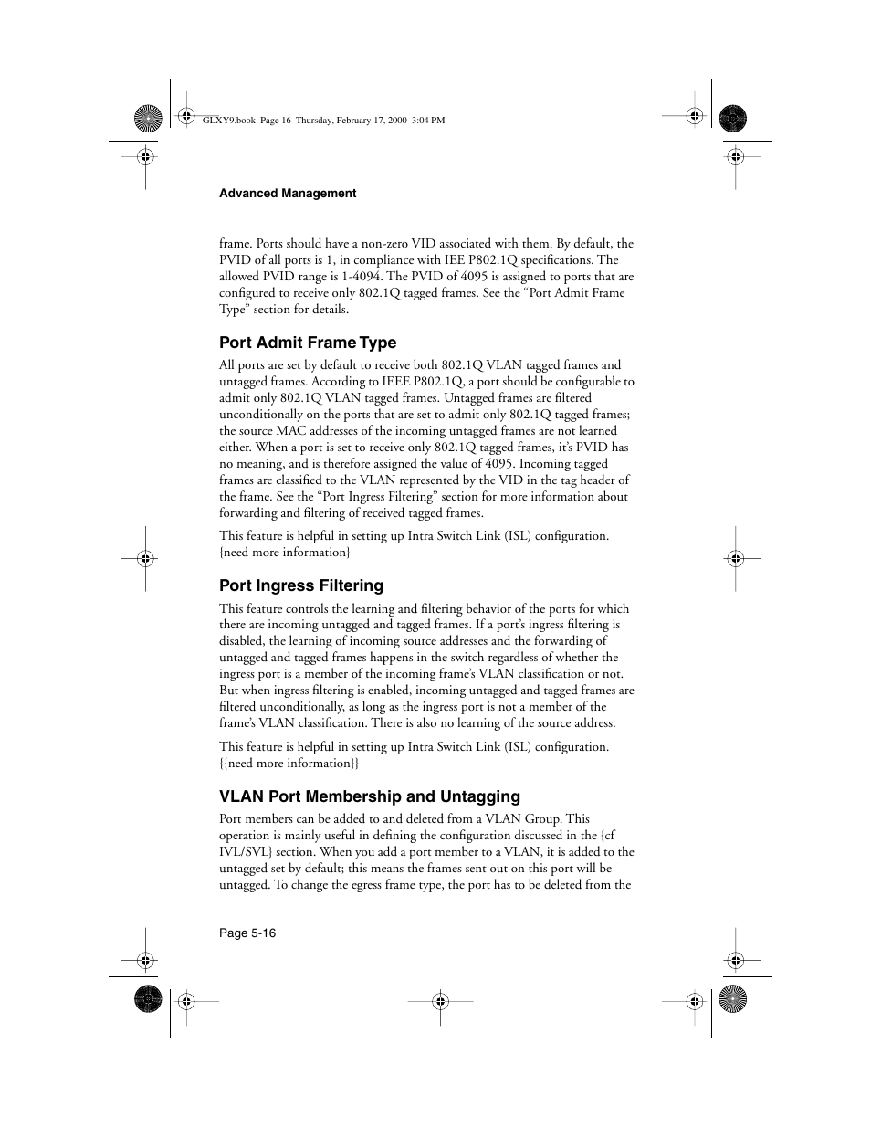 Port admit frame type, Port ingress filtering, Vlan port membership and untagging | Asante Technologies Intrachassis 9000 User Manual | Page 114 / 142