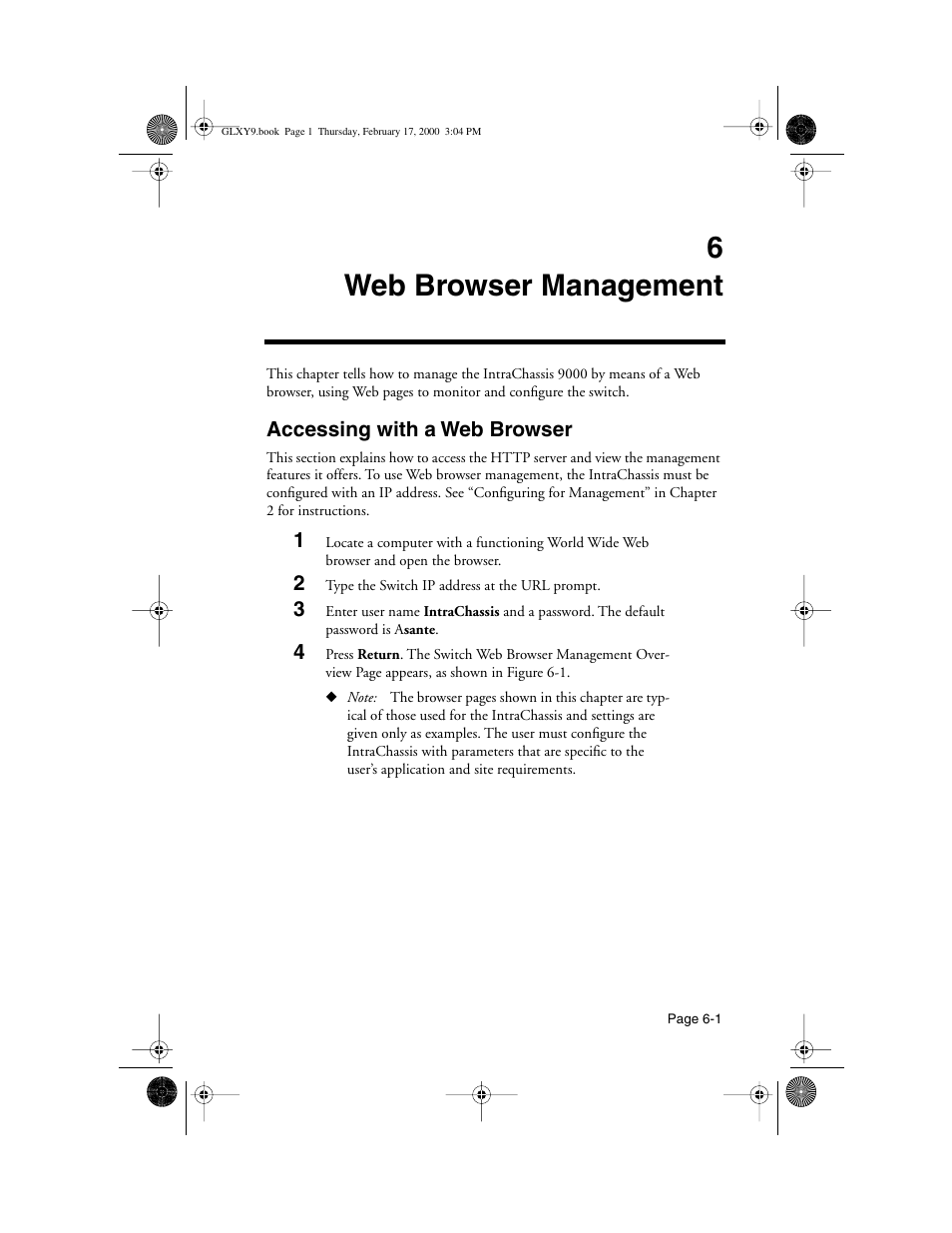 6 web browser management, Accessing with a web browser, 6 web browser management -1 | Accessing with a web browser -1, 6web browser management | Asante Technologies Intrachassis 9000 User Manual | Page 117 / 142