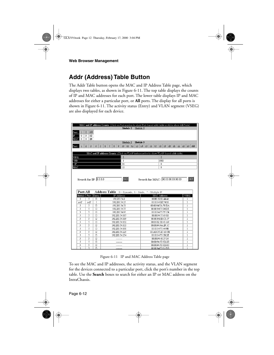 Addr (address) table button, Addr (address) table button -12 | Asante Technologies Intrachassis 9000 User Manual | Page 128 / 142