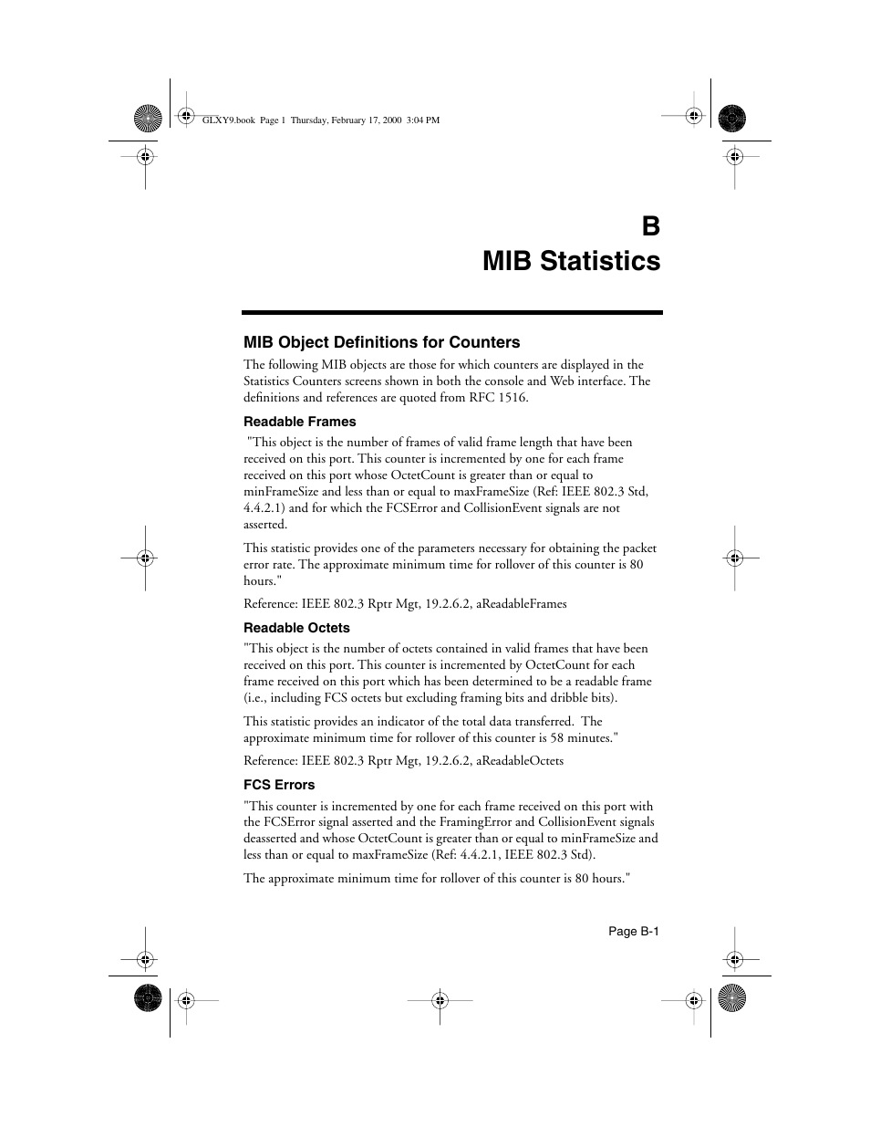 B mib statistics, Mib object definitions for counters, Mib object definitions for counters ......... b-1 | Bmib statistics | Asante Technologies Intrachassis 9000 User Manual | Page 137 / 142