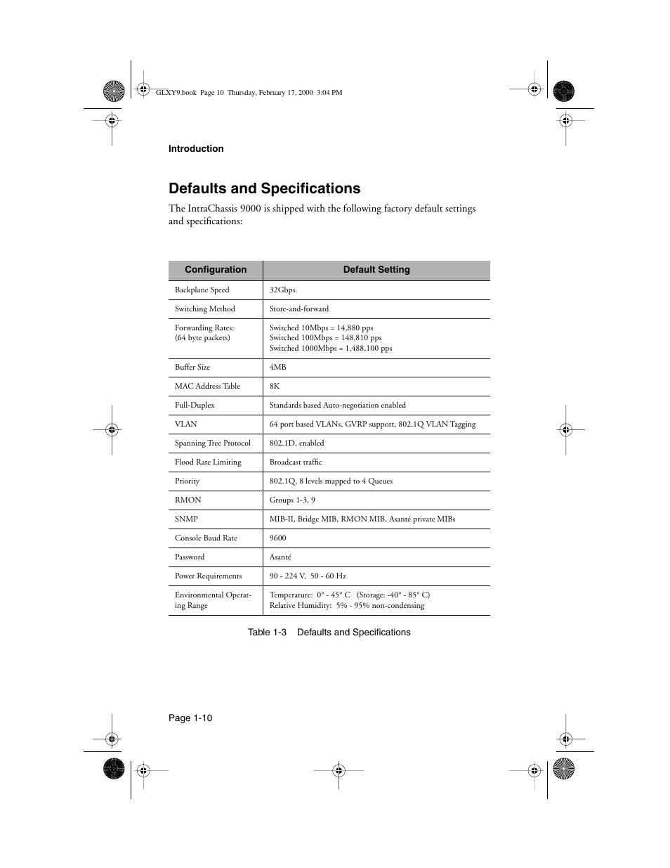 Defaults and specifications, Defaults and specifications -10 | Asante Technologies Intrachassis 9000 User Manual | Page 18 / 142