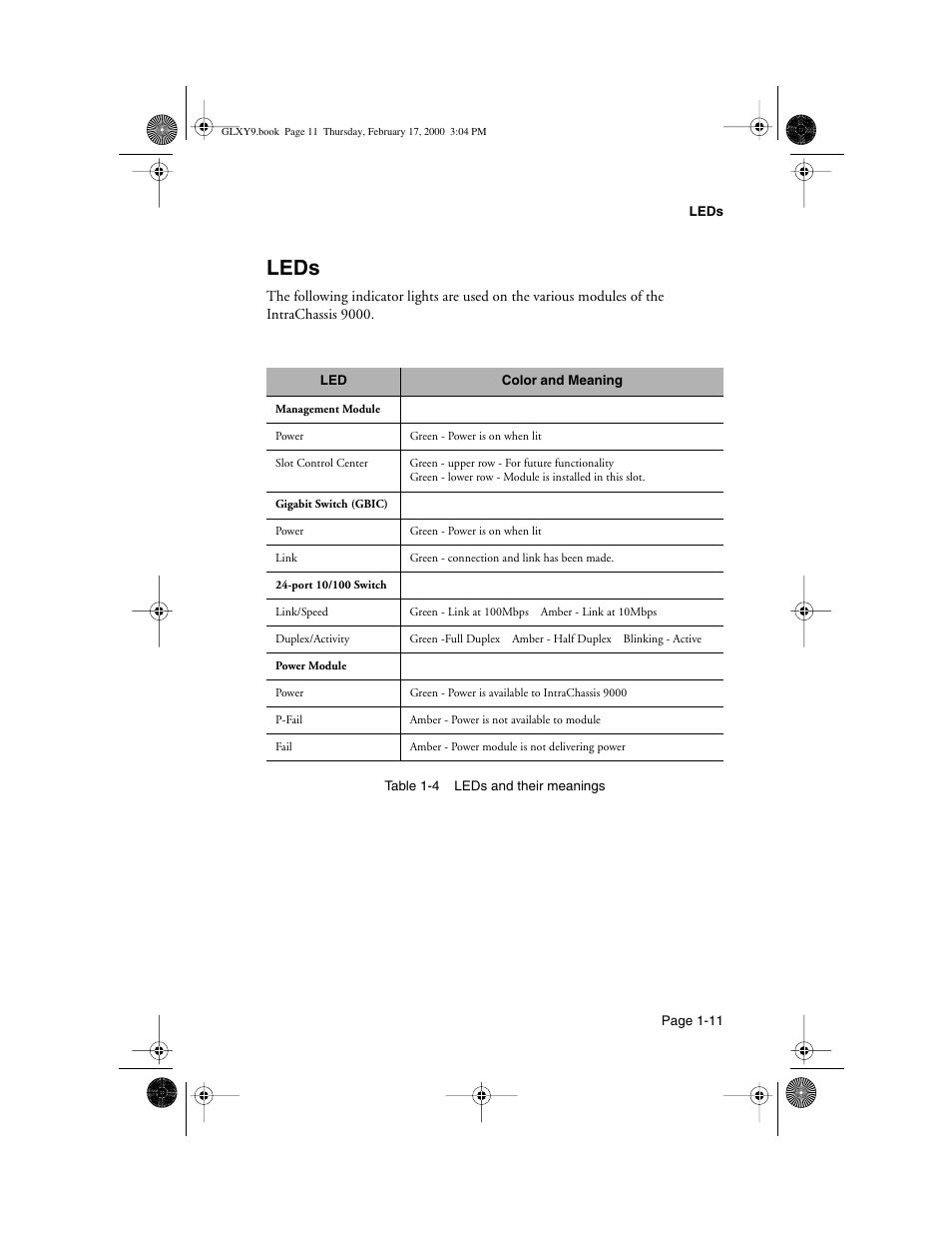 Leds, Leds -11 | Asante Technologies Intrachassis 9000 User Manual | Page 19 / 142