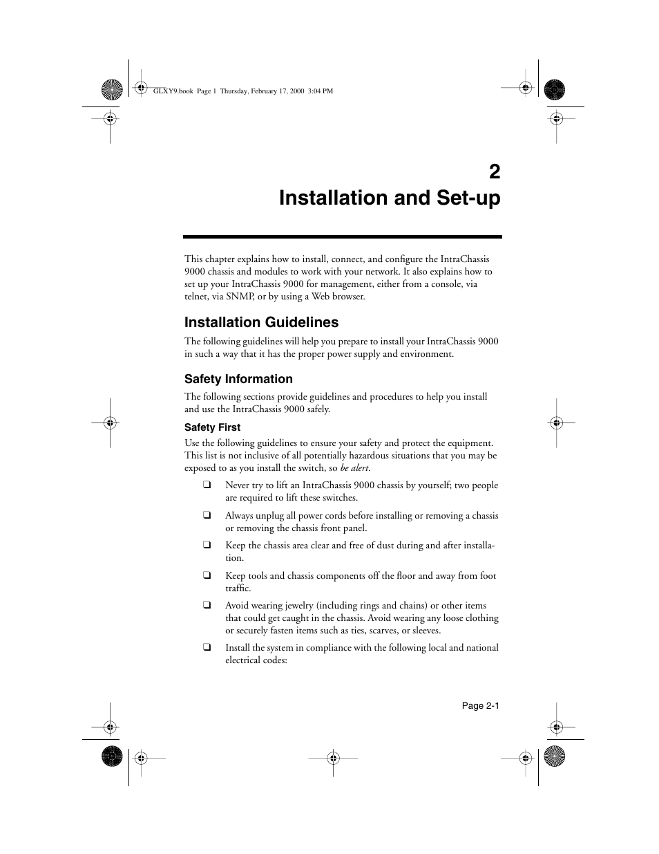 2 installation and set-up, Installation guidelines, Safety information | 2 installation and set-up -1, Installation guidelines -1, Safety information -1 | Asante Technologies Intrachassis 9000 User Manual | Page 21 / 142