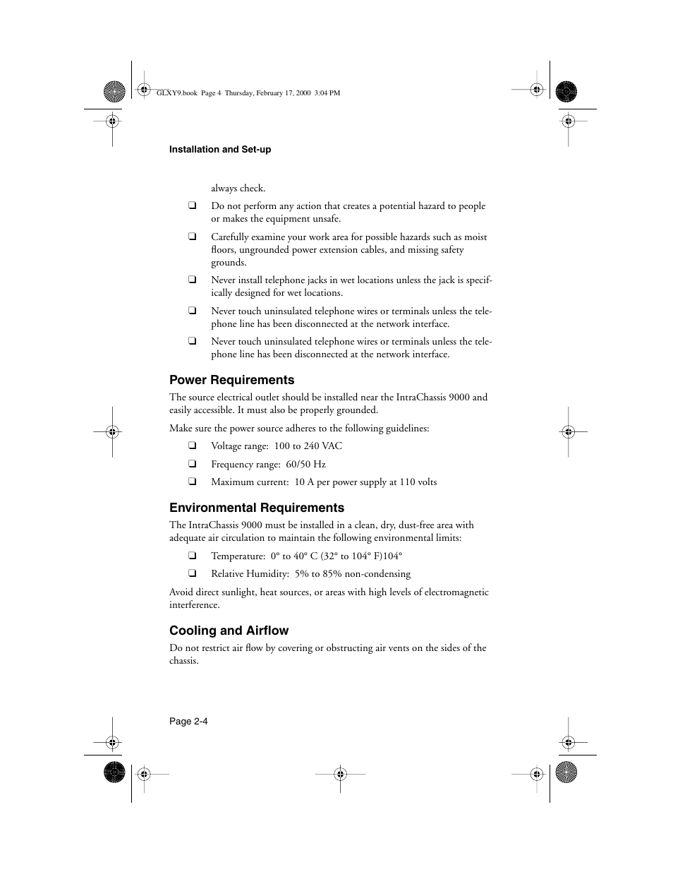 Power requirements, Environmental requirements, Cooling and airflow | Asante Technologies Intrachassis 9000 User Manual | Page 24 / 142