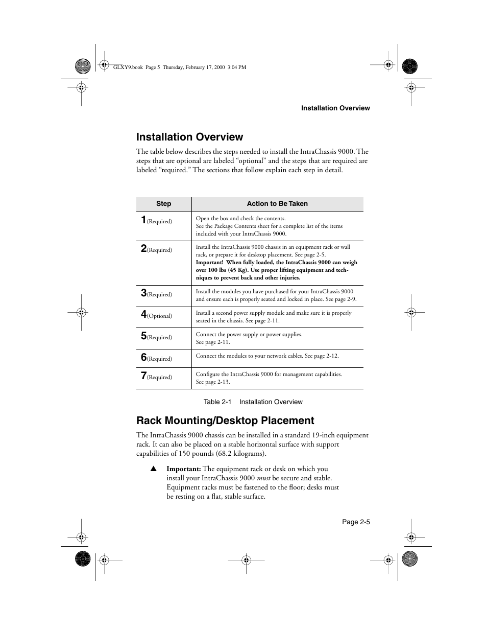 Installation overview, Rack mounting/desktop placement | Asante Technologies Intrachassis 9000 User Manual | Page 25 / 142