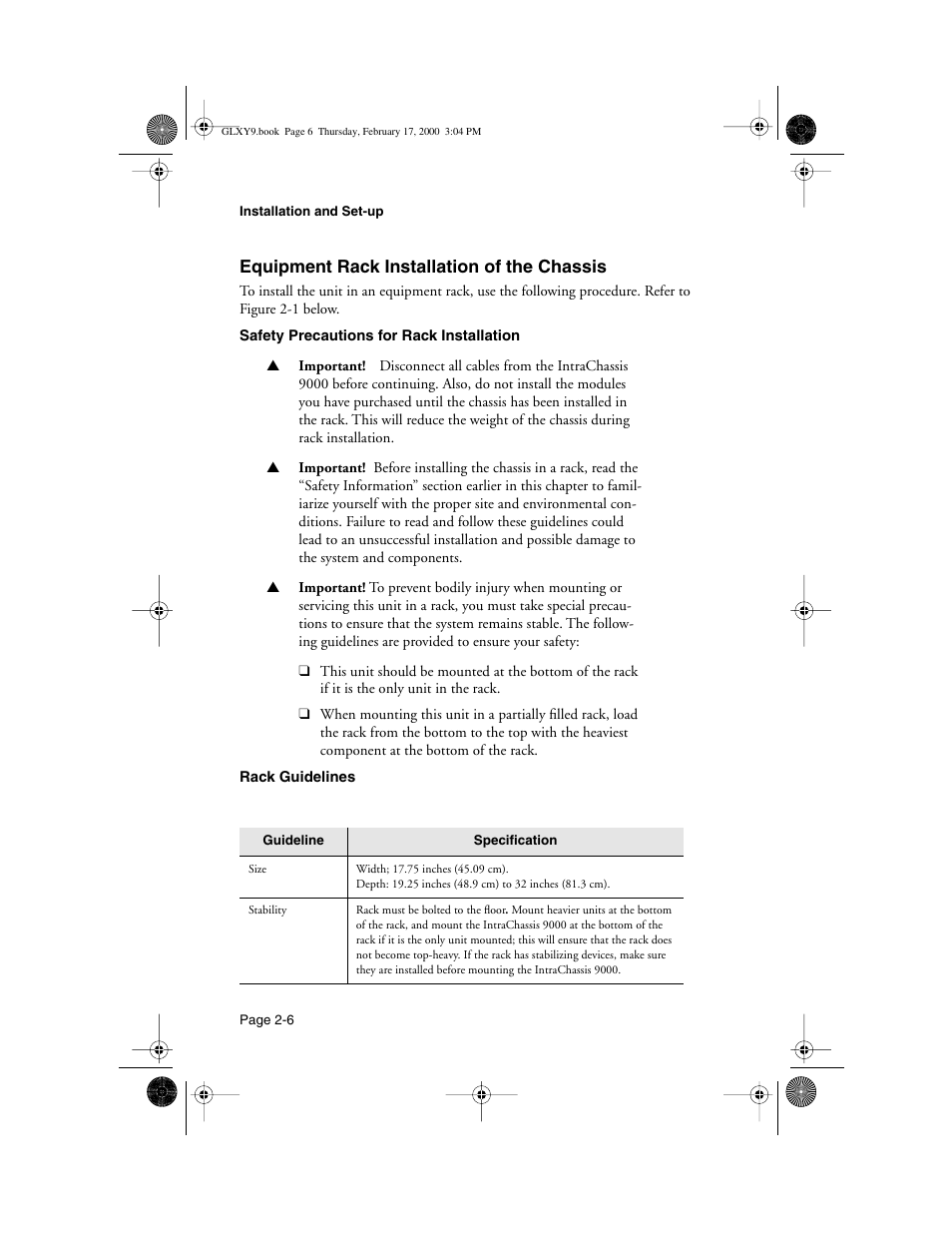 Equipment rack installation of the chassis, Equipment rack installation of the chassis 2-6 | Asante Technologies Intrachassis 9000 User Manual | Page 26 / 142