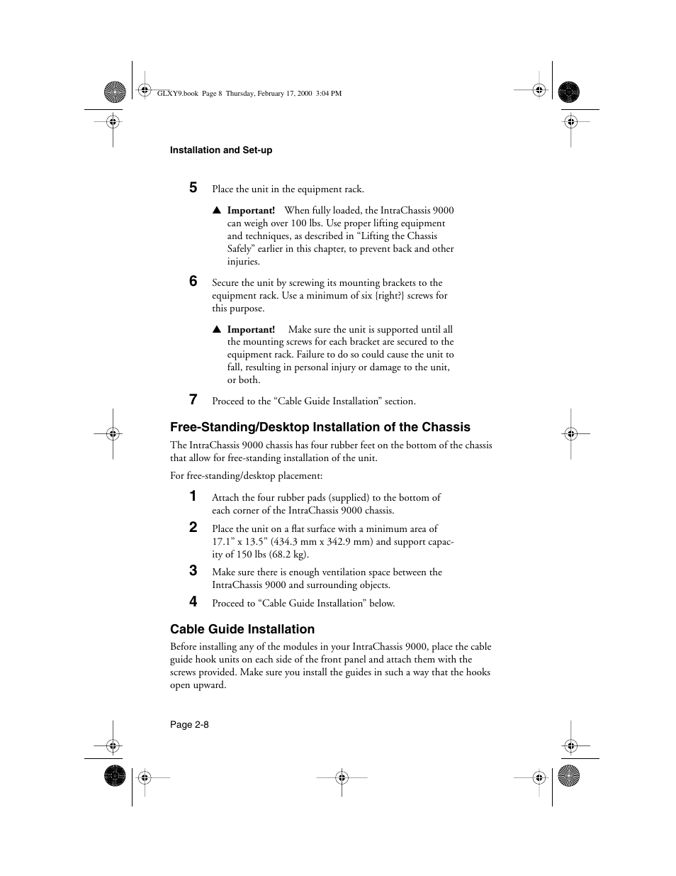 Free-standing/desktop installation of the chassis, Cable guide installation | Asante Technologies Intrachassis 9000 User Manual | Page 28 / 142