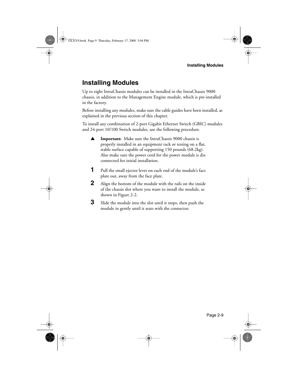 Installing modules, Installing modules -9 | Asante Technologies Intrachassis 9000 User Manual | Page 29 / 142