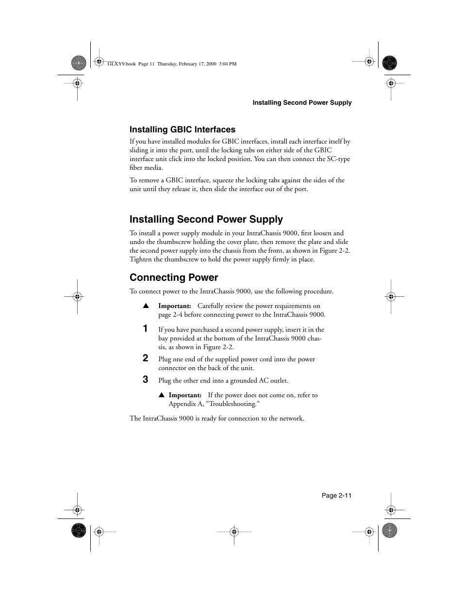 Installing gbic interfaces, Installing second power supply, Connecting power | Installing gbic interfaces -11, Snmp configuration -11 | Asante Technologies Intrachassis 9000 User Manual | Page 31 / 142