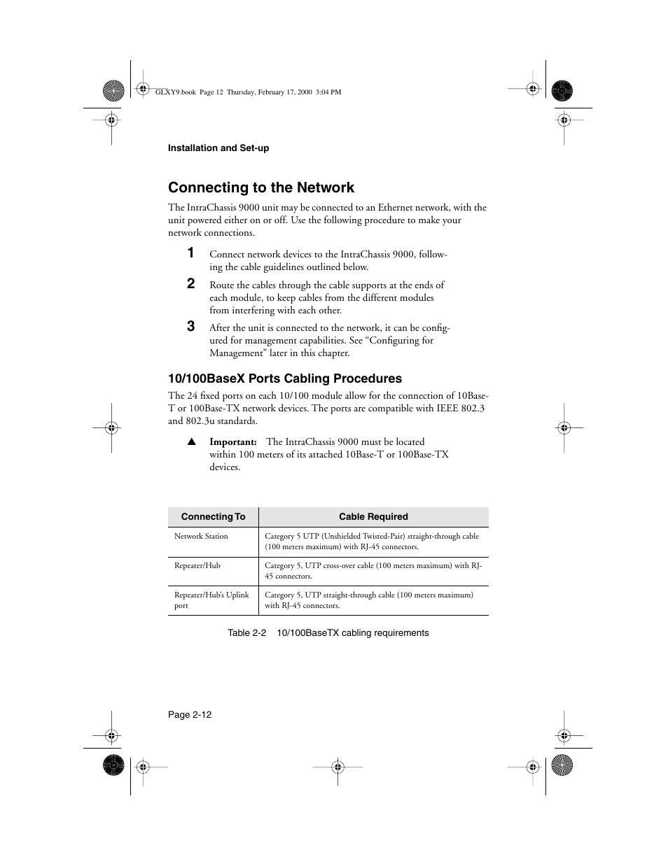 Connecting to the network, 10/100basex ports cabling procedures, Connecting to the network -12 | 10/100basex ports cabling procedures 2-12 | Asante Technologies Intrachassis 9000 User Manual | Page 32 / 142