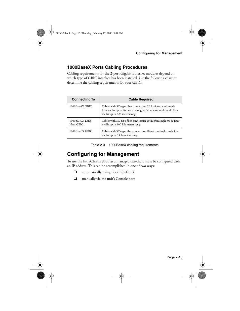 1000basex ports cabling procedures, Configuring for management, 1000basex ports cabling procedures -13 | Configuring for management -13 | Asante Technologies Intrachassis 9000 User Manual | Page 33 / 142