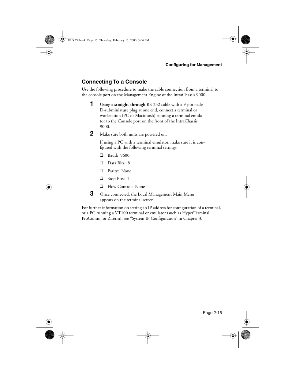 Connecting to a console, Connecting to a console -15 | Asante Technologies Intrachassis 9000 User Manual | Page 35 / 142