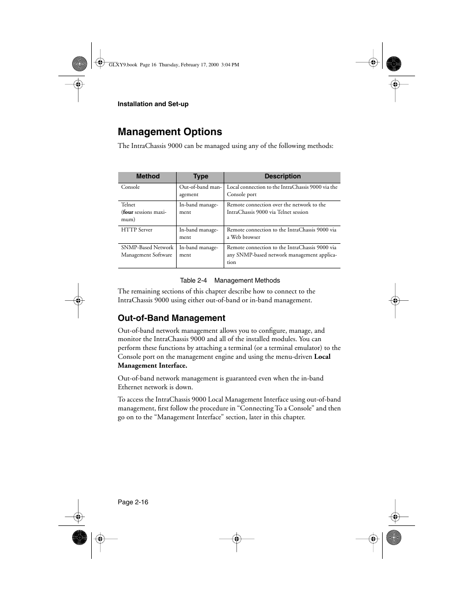 Management options, Out-of-band management, Management options -16 | Out-of-band management -16 | Asante Technologies Intrachassis 9000 User Manual | Page 36 / 142