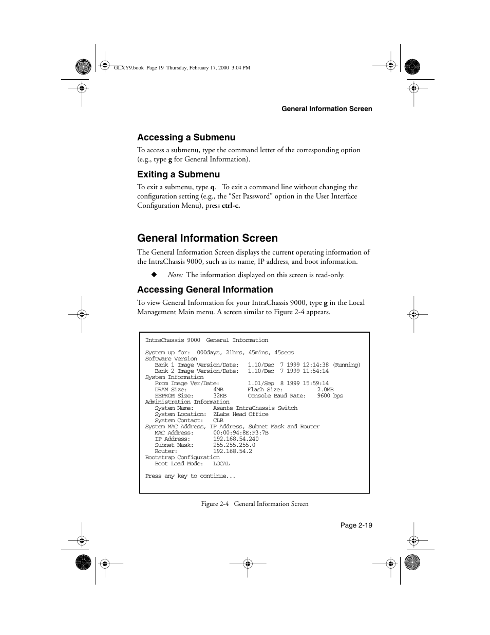 Accessing a submenu, Exiting a submenu, General information screen | Accessing general information, Accessing a submenu -19 exiting a submenu -19, General information screen -19, Accessing general information -19, Nformation — 2-19 | Asante Technologies Intrachassis 9000 User Manual | Page 39 / 142