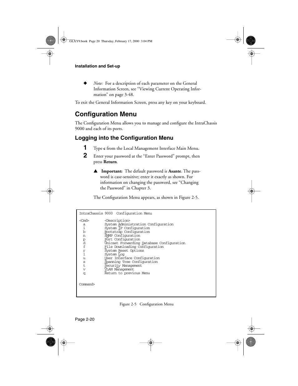 Configuration menu, Logging into the configuration menu, Configuration menu -20 | Logging into the configuration menu -20, Configuration — 2-20 | Asante Technologies Intrachassis 9000 User Manual | Page 40 / 142