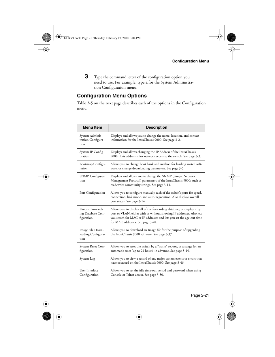 Configuration menu options, Configuration menu options -21 | Asante Technologies Intrachassis 9000 User Manual | Page 41 / 142