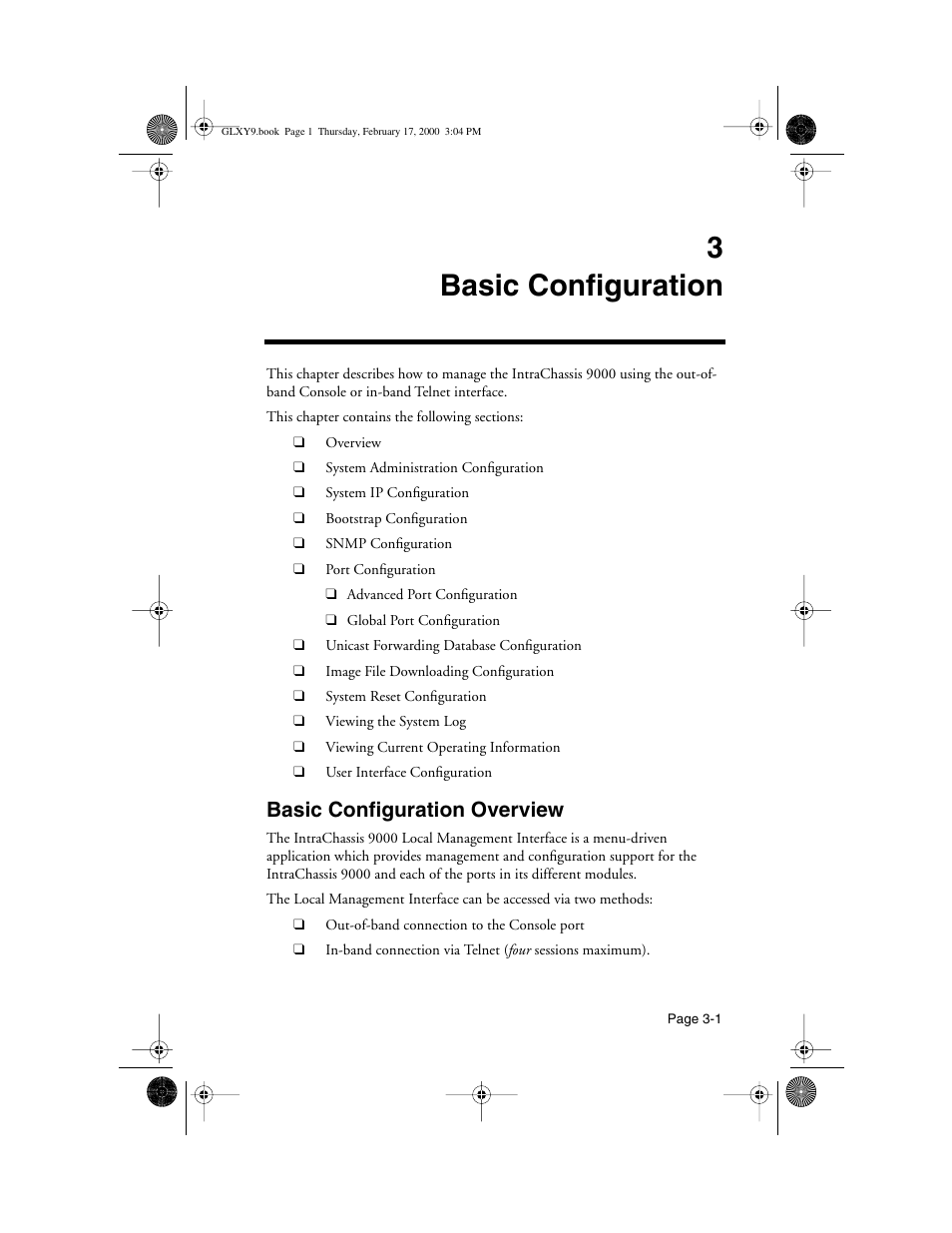 3 basic configuration, Basic configuration overview, 3 basic configuration -1 | Basic configuration overview -1, Basic configuration” and the mor, 3basic configuration | Asante Technologies Intrachassis 9000 User Manual | Page 43 / 142
