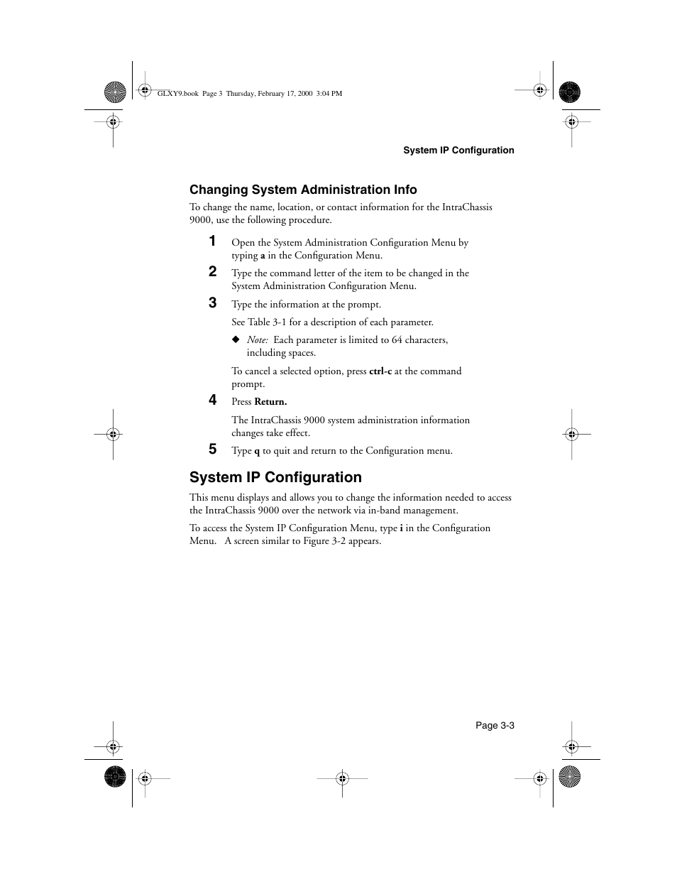 Changing system administration info, System ip configuration, Changing system administration info -3 | System ip configuration -3 | Asante Technologies Intrachassis 9000 User Manual | Page 45 / 142
