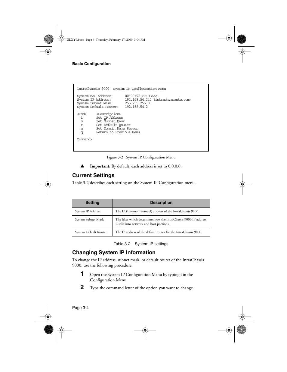Current settings, Changing system ip information | Asante Technologies Intrachassis 9000 User Manual | Page 46 / 142