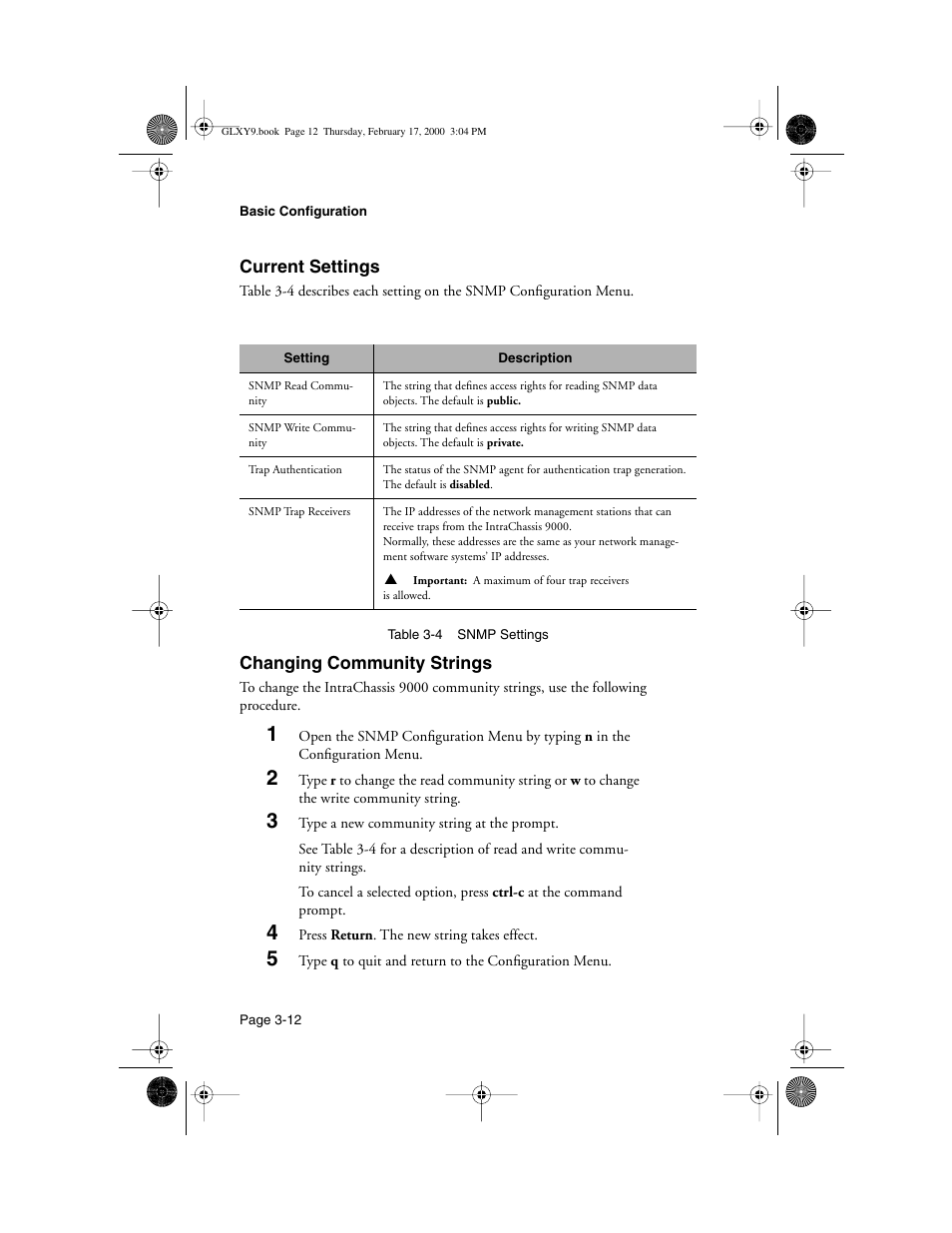 Current settings, Changing community strings | Asante Technologies Intrachassis 9000 User Manual | Page 54 / 142
