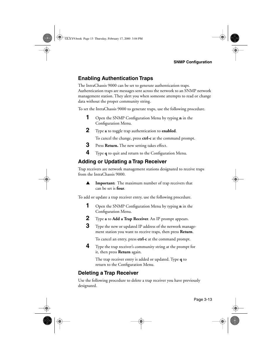Enabling authentication traps, Adding or updating a trap receiver, Deleting a trap receiver | Asante Technologies Intrachassis 9000 User Manual | Page 55 / 142