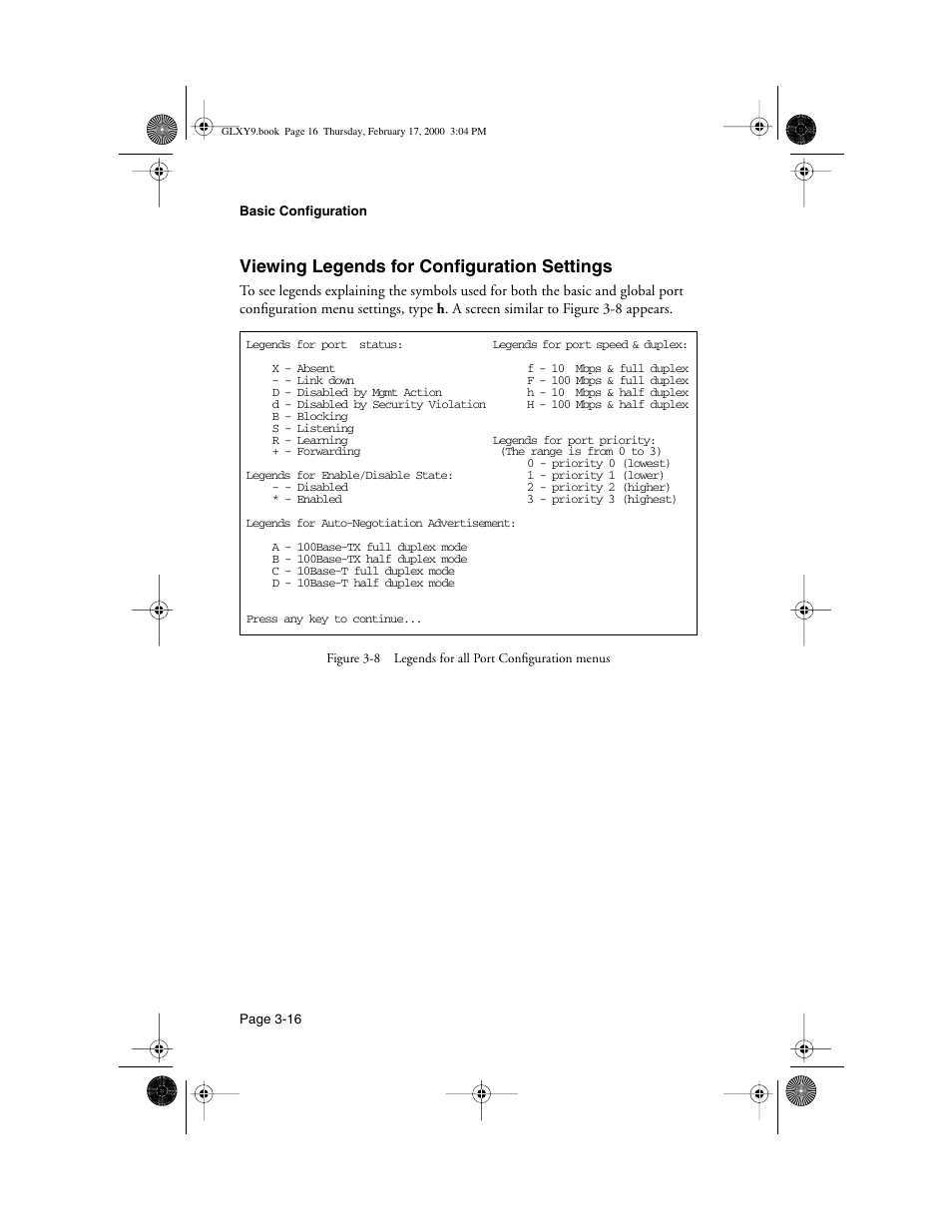 Viewing legends for configuration settings, Viewing legends for configuration settings 3-16 | Asante Technologies Intrachassis 9000 User Manual | Page 58 / 142