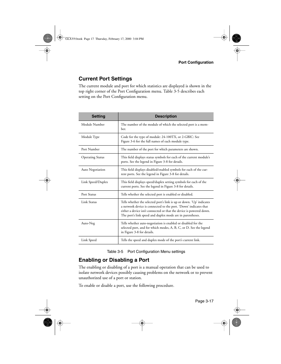 Current port settings, Enabling or disabling a port | Asante Technologies Intrachassis 9000 User Manual | Page 59 / 142