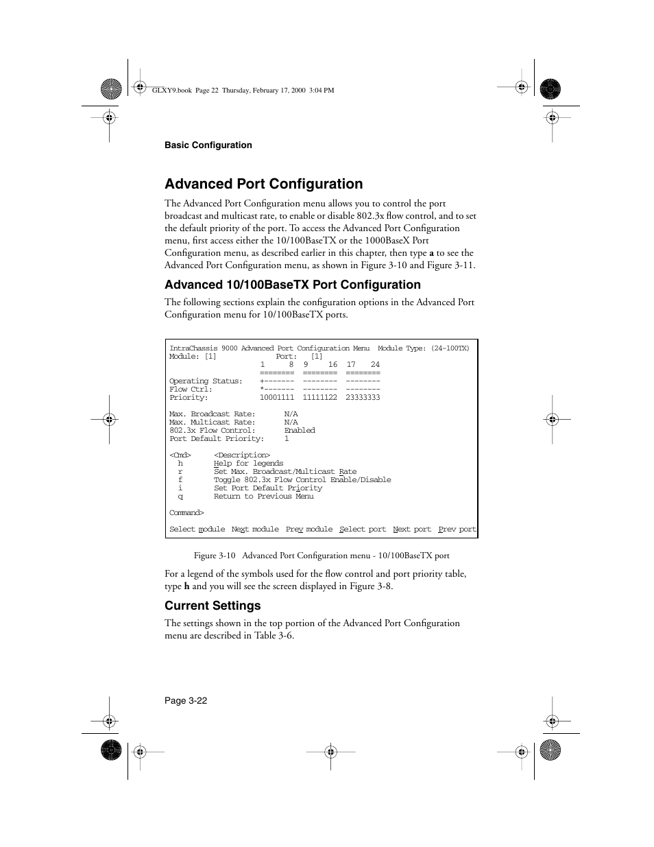 Advanced port configuration, Advanced 10/100basetx port configuration, Current settings | Advanced port configuration -22 | Asante Technologies Intrachassis 9000 User Manual | Page 64 / 142