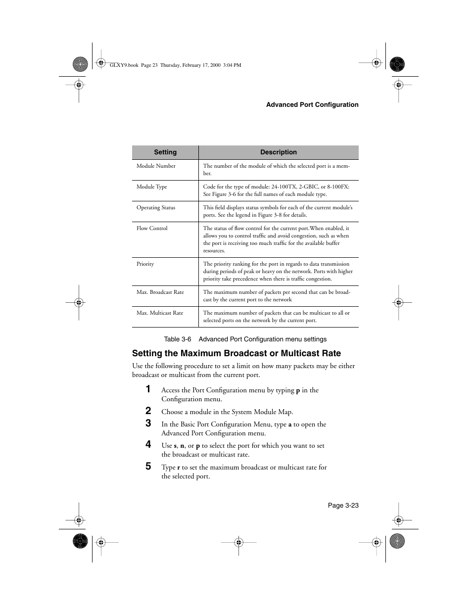 Setting the maximum broadcast or multicast rate, E described in table 3-6 | Asante Technologies Intrachassis 9000 User Manual | Page 65 / 142