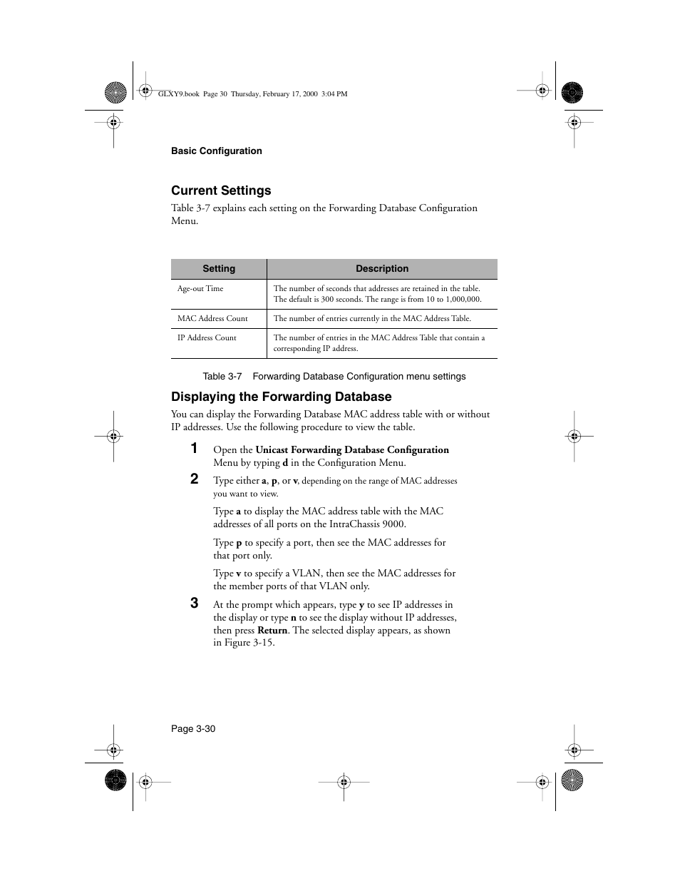 Current settings, Displaying the forwarding database | Asante Technologies Intrachassis 9000 User Manual | Page 72 / 142