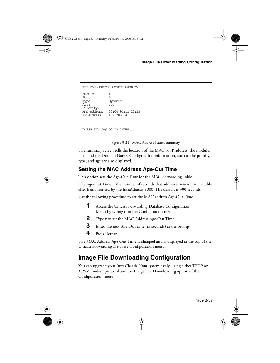 Setting the mac address age-out time, Image file downloading configuration, Setting the mac address age-out time 3-37 | Image file downloading configuration -37 | Asante Technologies Intrachassis 9000 User Manual | Page 79 / 142
