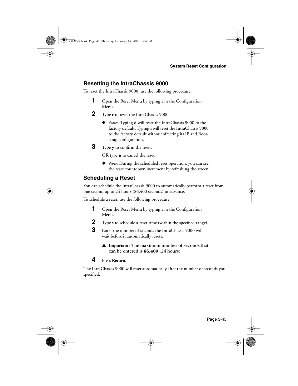 Resetting the intrachassis 9000, Scheduling a reset, Resetting the intrachassis 9000 -45 | Vlan management -11 | Asante Technologies Intrachassis 9000 User Manual | Page 87 / 142