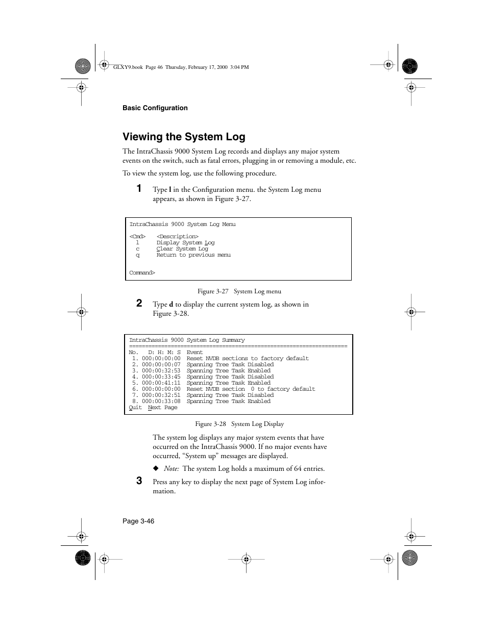 Viewing the system log, Viewing the system log -46 | Asante Technologies Intrachassis 9000 User Manual | Page 88 / 142