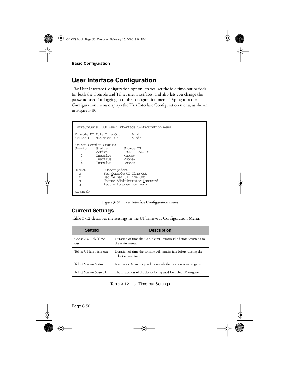 User interface configuration, Current settings, User interface configuration -50 | Current settings -50 | Asante Technologies Intrachassis 9000 User Manual | Page 92 / 142