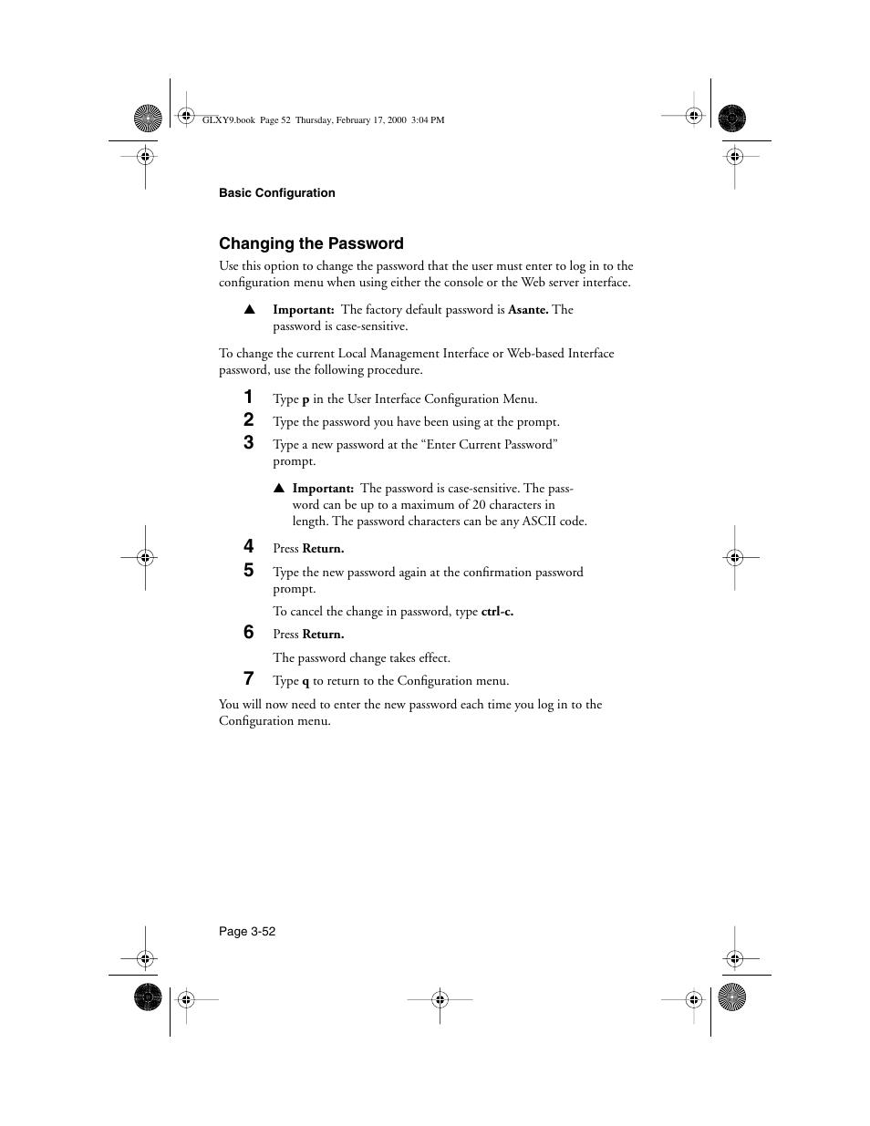 Changing the password, Changing the password -52 | Asante Technologies Intrachassis 9000 User Manual | Page 94 / 142