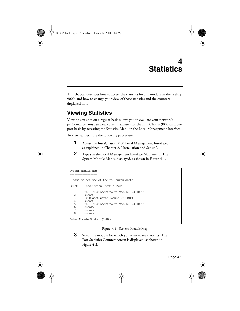 4 statistics, Viewing statistics, 4 statistics -1 | Viewing statistics -1, Tatistics — 4-1, 4statistics | Asante Technologies Intrachassis 9000 User Manual | Page 95 / 142