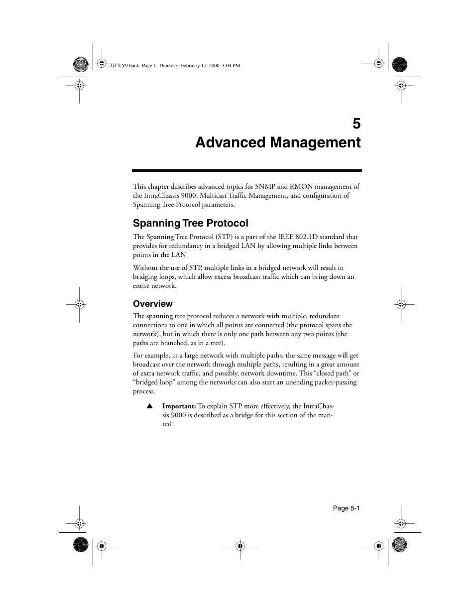 5 advanced management, Spanning tree protocol, Overview | 5 advanced management -1, Spanning tree protocol -1, Overview -1, Efer to chapter 5, “advanced management” and y, 5, the “advanced management” chapter, 5advanced management | Asante Technologies Intrachassis 9000 User Manual | Page 99 / 142