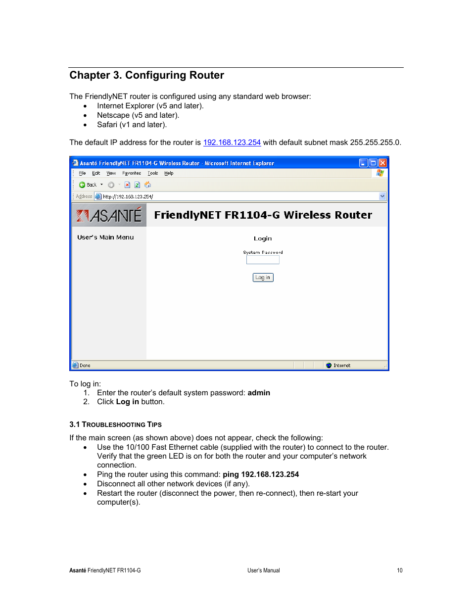 Chapter 3. configuring router | Asante Technologies FR1104-G User Manual | Page 10 / 83