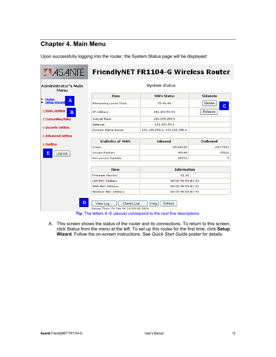 Chapter 4. main menu | Asante Technologies FR1104-G User Manual | Page 12 / 83