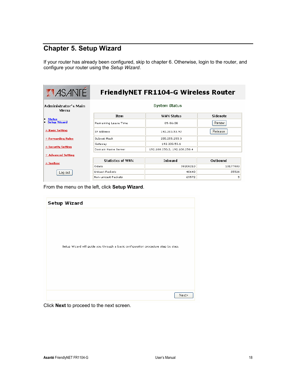 Chapter 5. setup wizard | Asante Technologies FR1104-G User Manual | Page 18 / 83