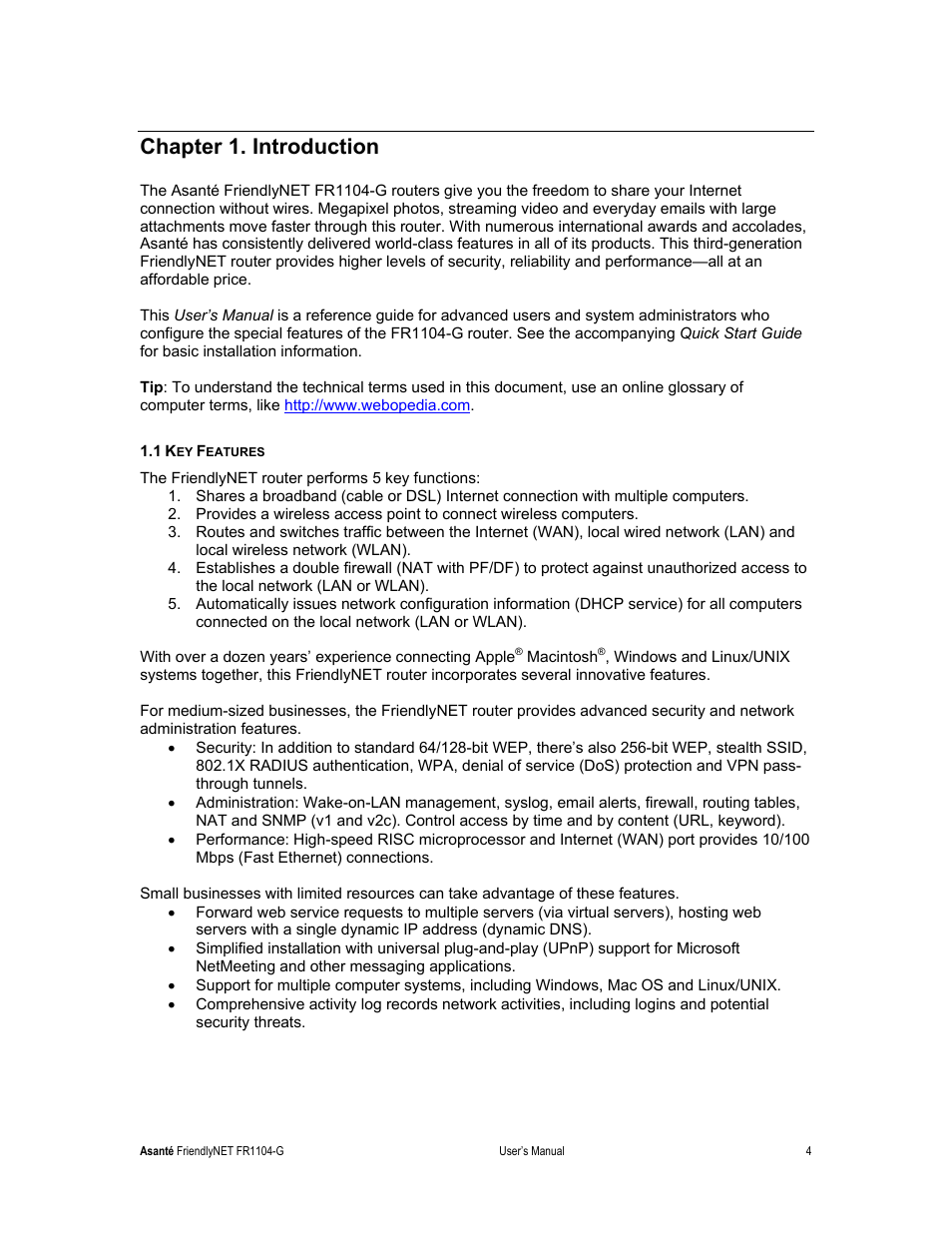 Chapter 1. introduction | Asante Technologies FR1104-G User Manual | Page 4 / 83